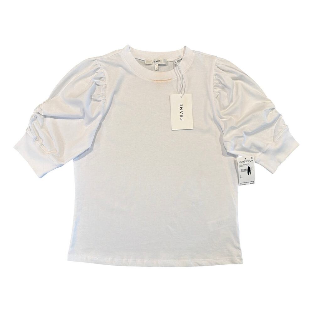 NWT FRAME Puff Sleeve Tee Cotton Crew Neck Top, White, Women’s Small *W/ FLAW*